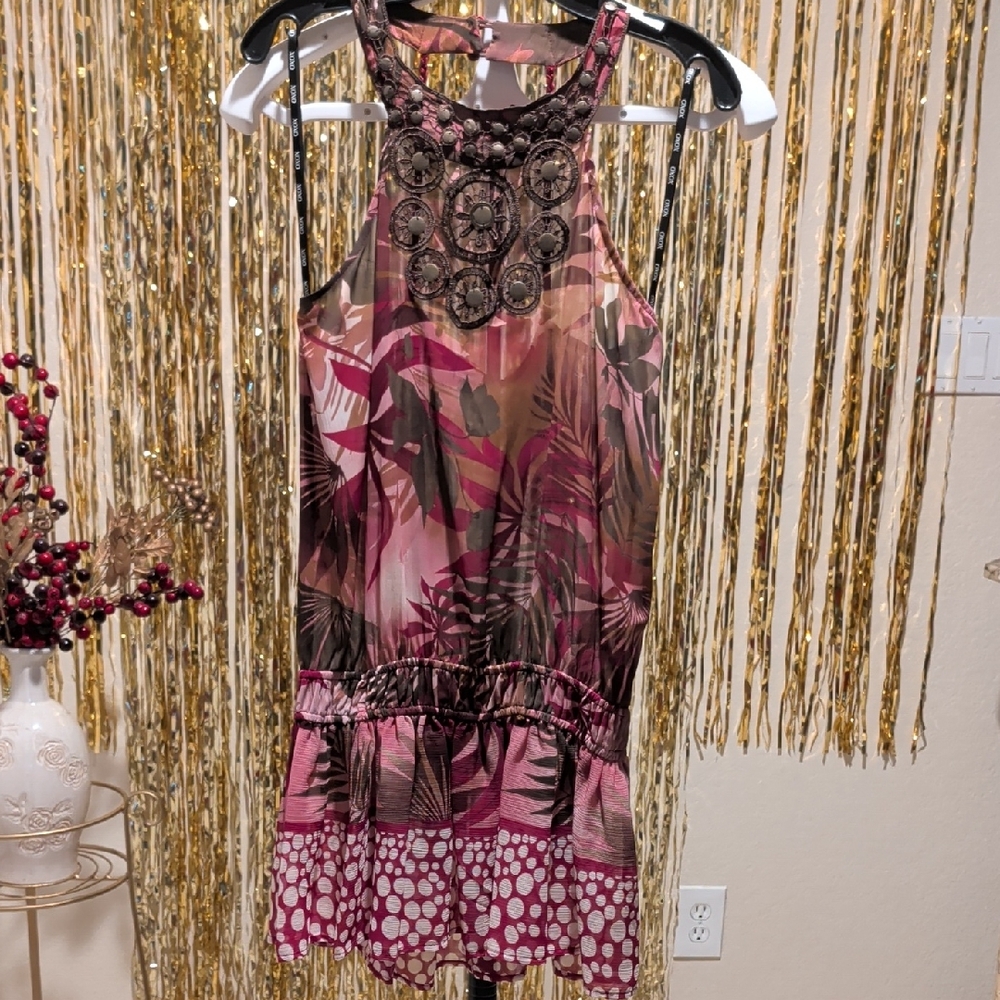 XOXO Pink and Brown Tropical Print Halter Dress